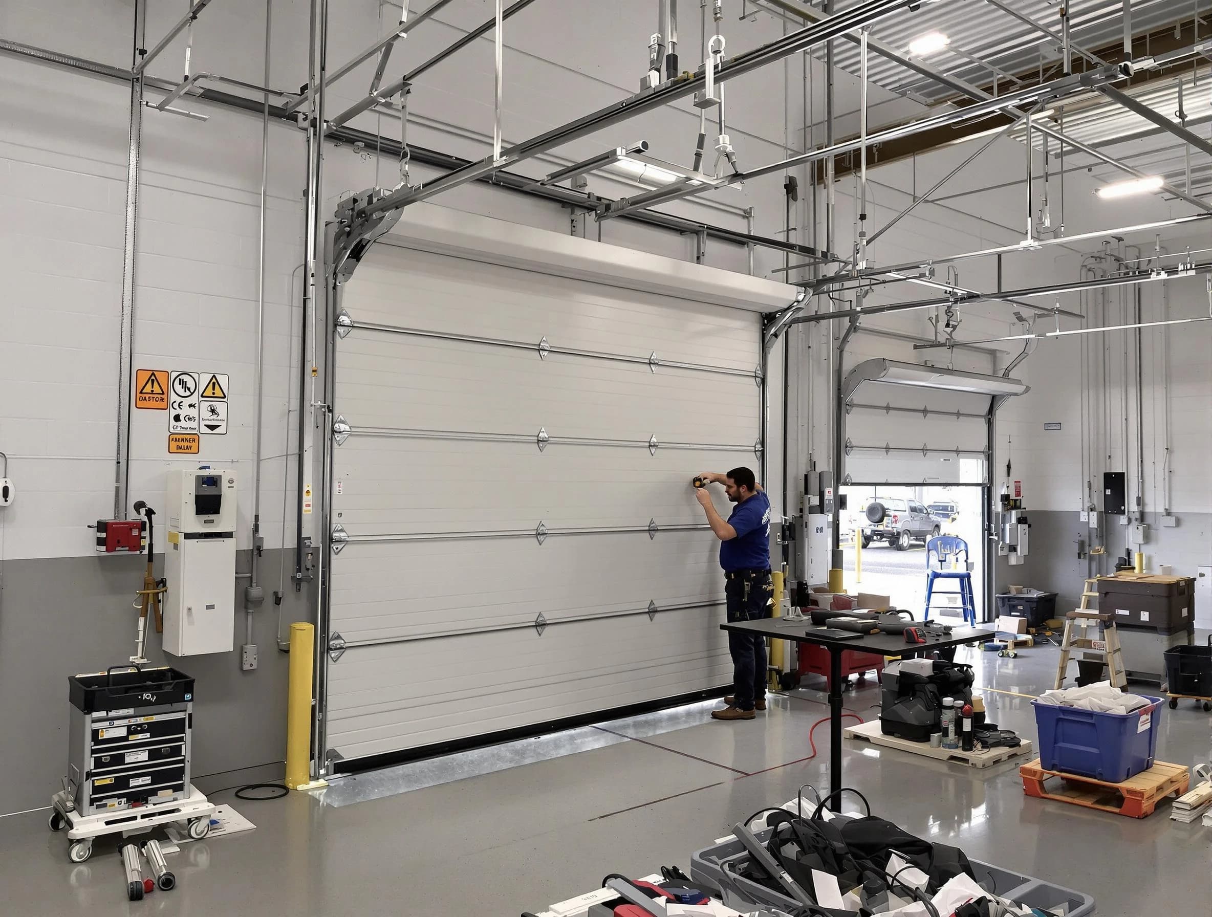Commercial garage door repair being performed by Tuttle Garage Door Repair expert in Tuttle