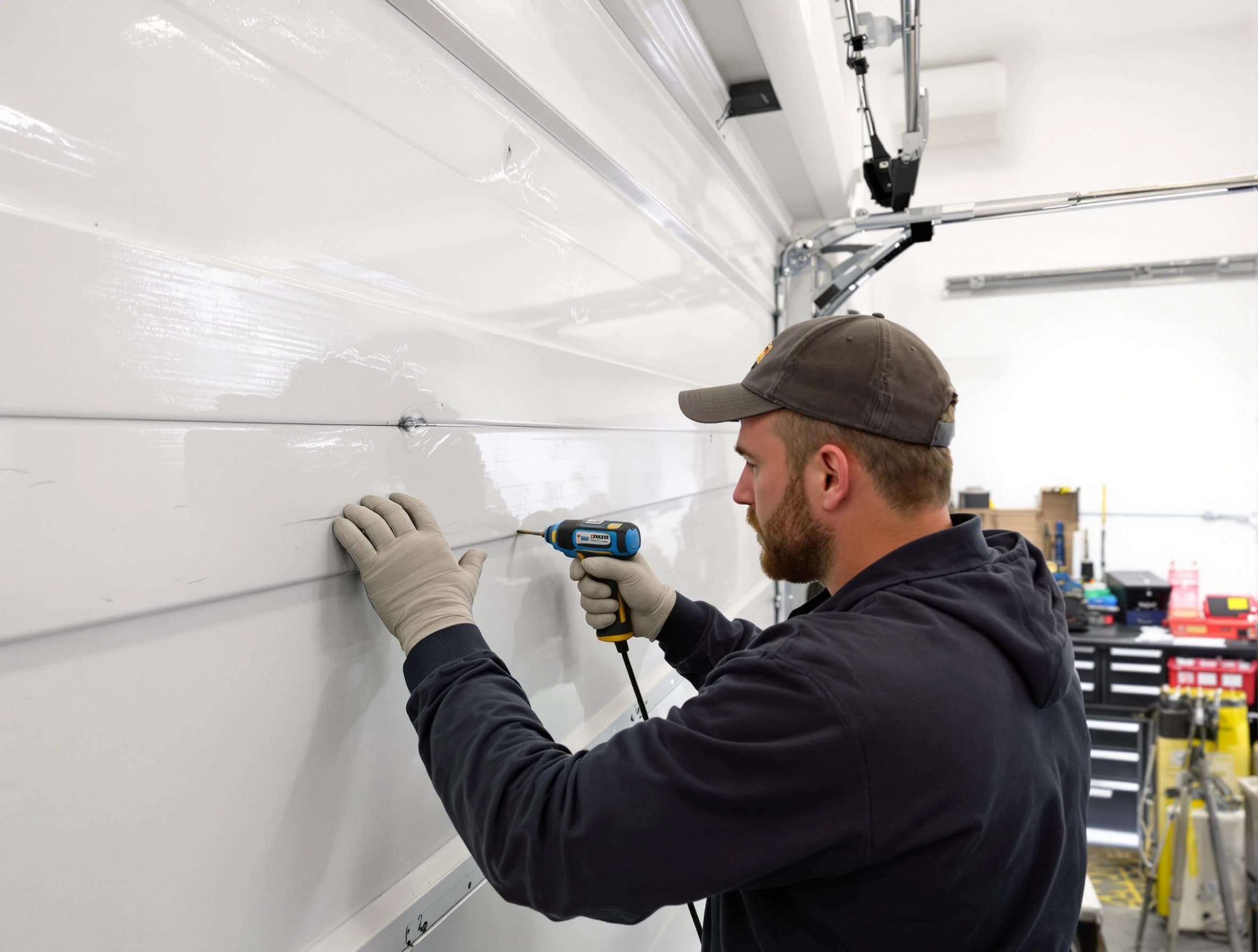 Tuttle Garage Door Repair technician demonstrating precision dent removal techniques on a Tuttle garage door