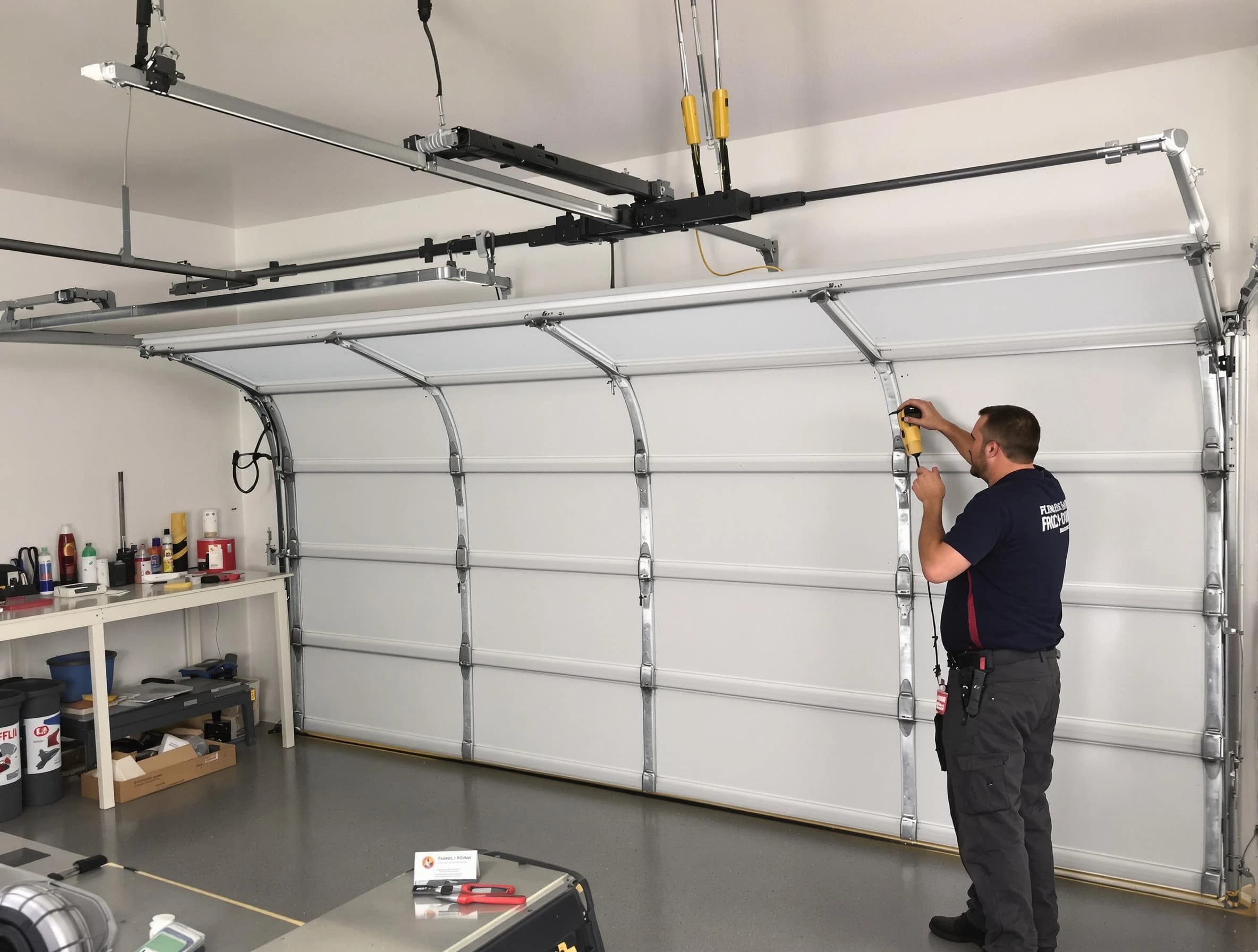 Tuttle Garage Door Repair certified technician performing overhead door system repair in Tuttle