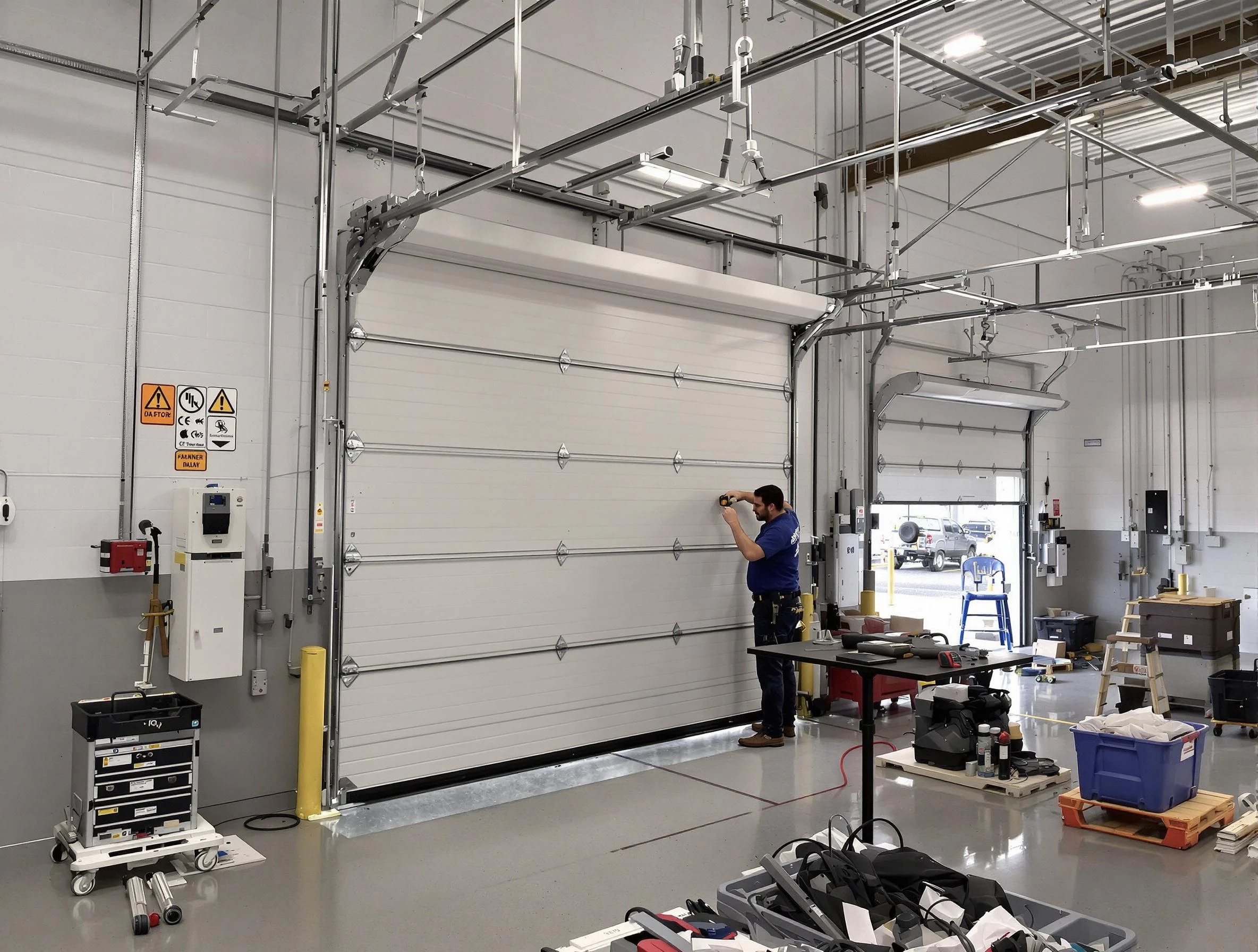 Commercial garage door repair being performed by Tuttle Garage Door Repair expert in Tuttle