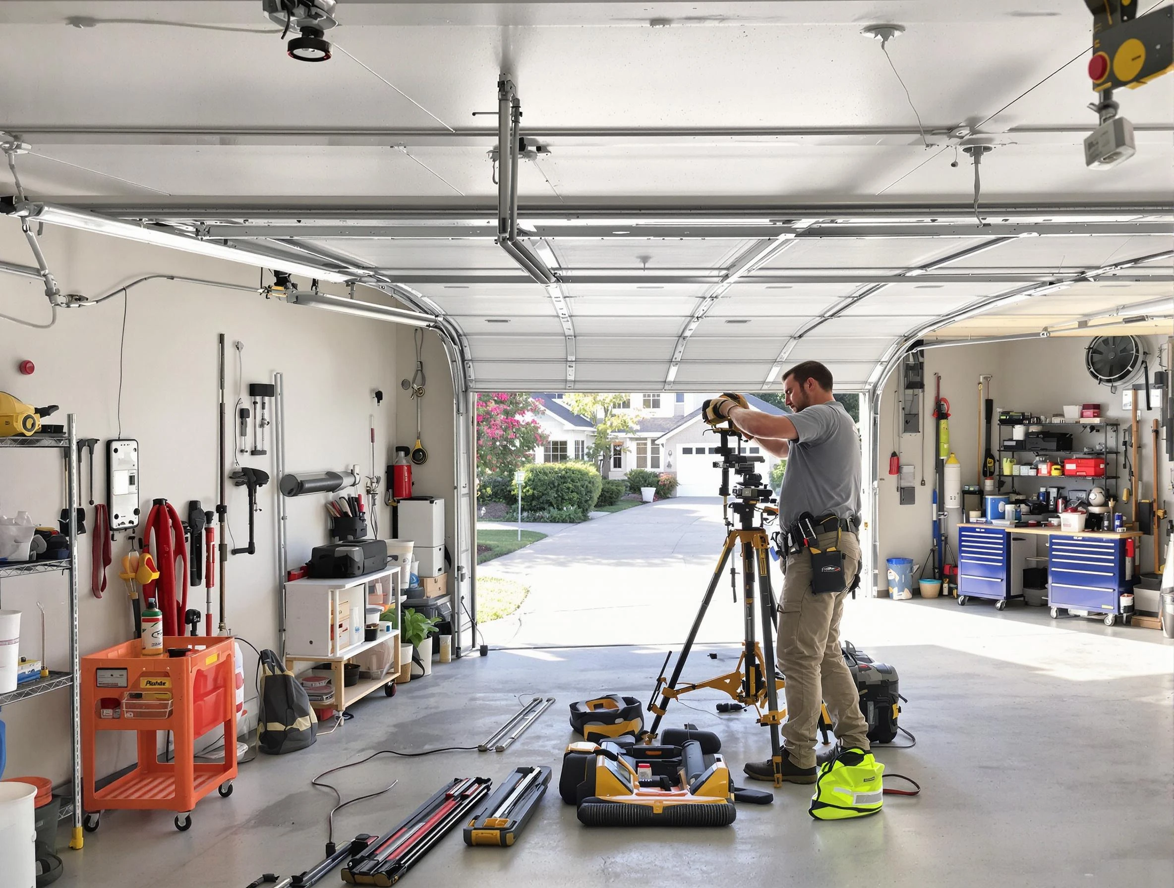 Tuttle Garage Door Repair specialist performing laser-guided track alignment in Tuttle